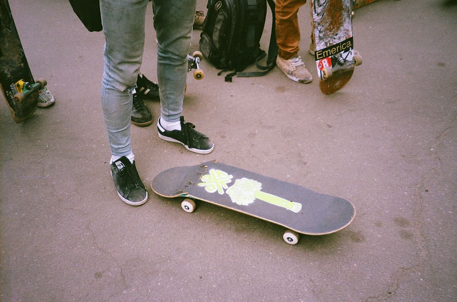 Person Standing Beside Broken Skateboard, action, footwear, fun HD wallpaper