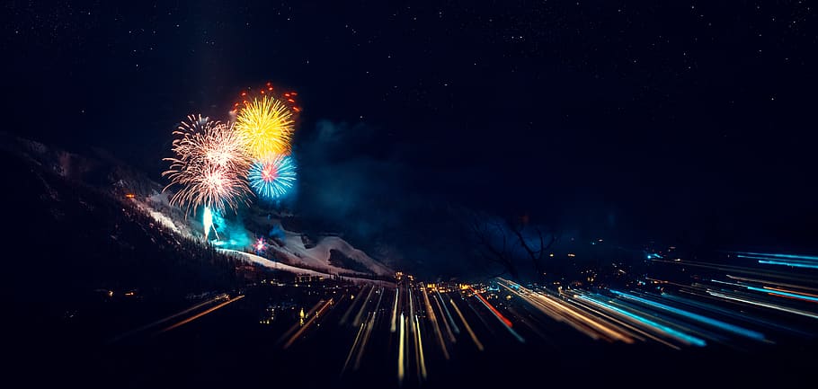 nature, outdoors, night, fireworks, lighting, crowd, stars HD wallpaper