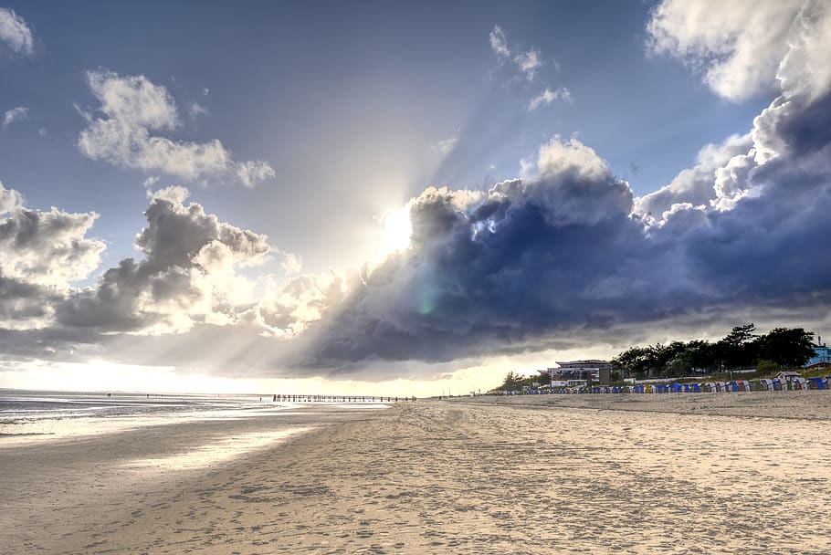 beach, sun, clouds, sunbeam, north sea, föhr, island, sand HD wallpaper