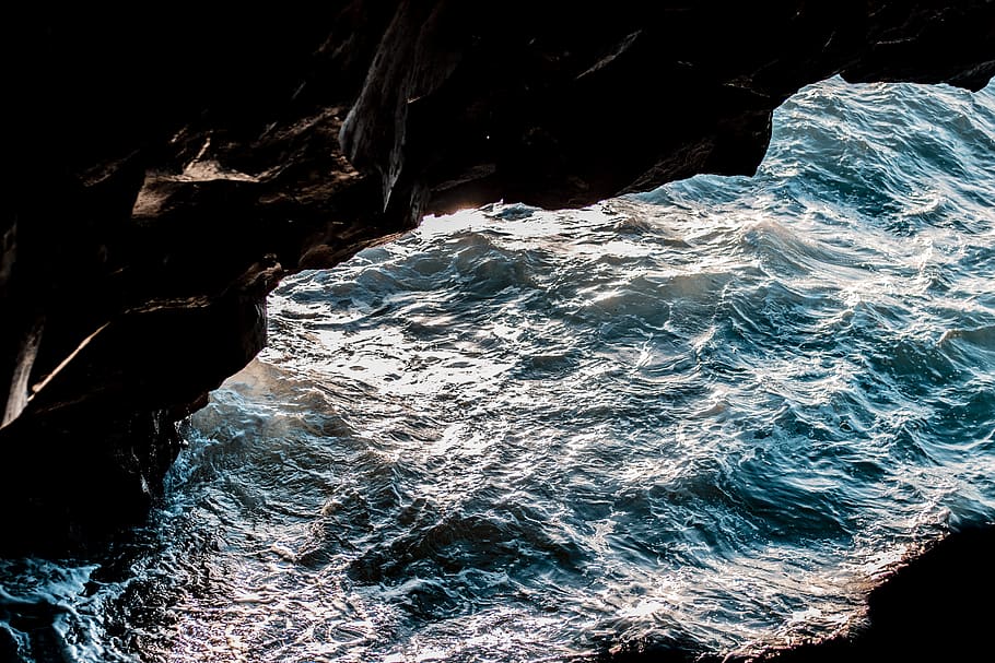 ocean waves, water, sea, nature, outdoors, cave, shoreline, cove HD wallpaper