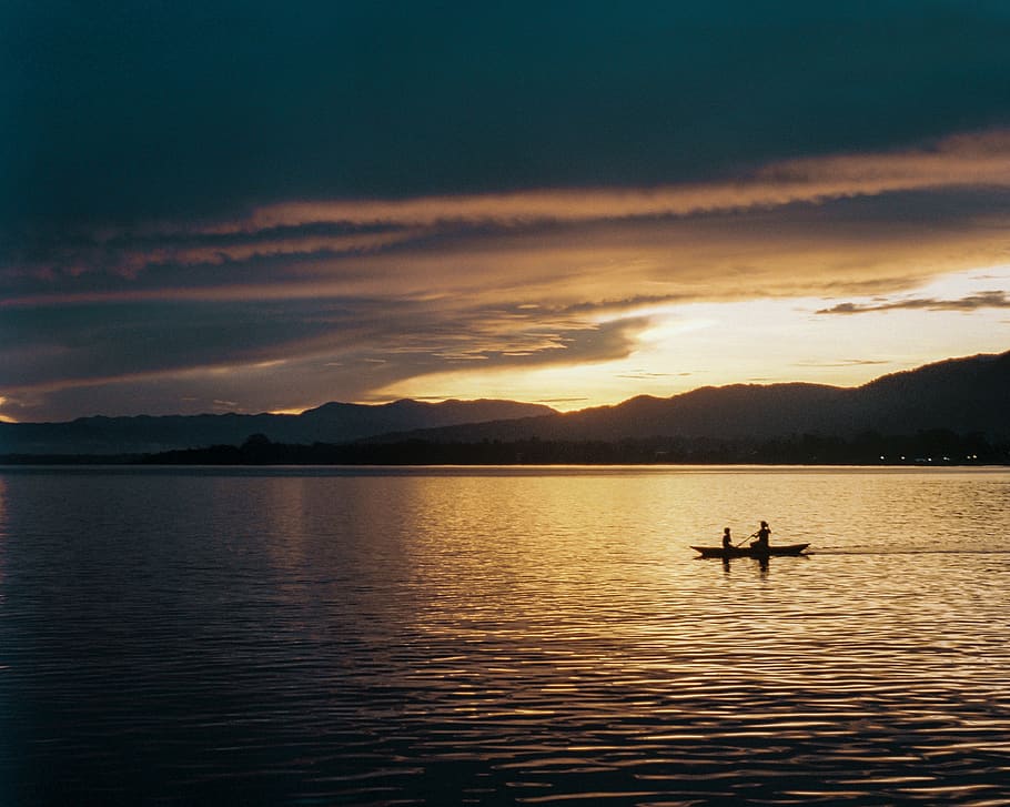 alotau, papua new guinea, png, canoe, sunset, water, ocean, HD wallpaper