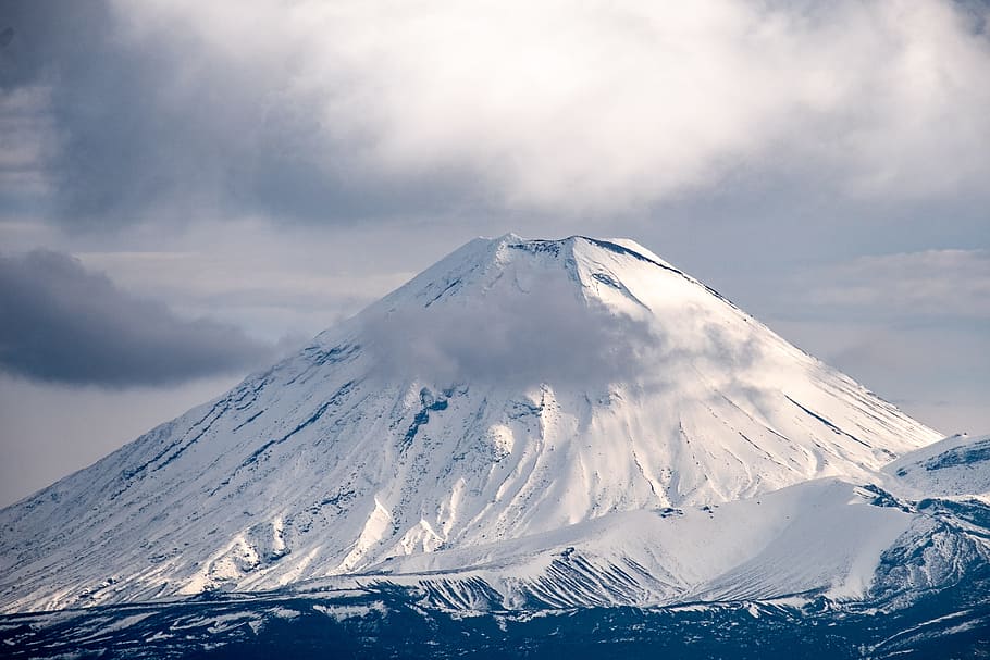 mountain covered by snow, taranaki, ngurahoe, new zealand, mount doom, HD wallpaper