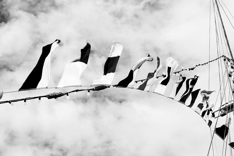 black and white, flags, string, fairy lights, ropes, sailboat HD wallpaper