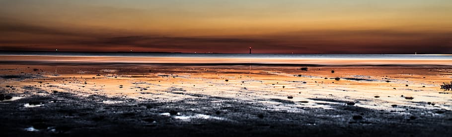 denmark, beach, sunset, sundown, light, colours, reflections HD wallpaper