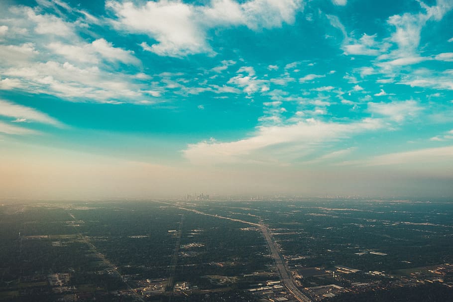 blue, sky, clouds, aerial, view, city, town, landscape, horizon HD wallpaper