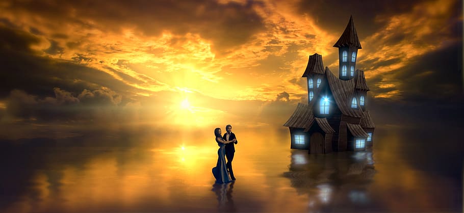 fantasy, lake, house, dance, water, sun, mirroring, backlighting HD wallpaper