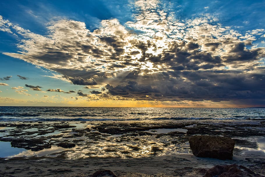 sky, clouds, sea, beach, sunset, nature, seascape, dusk, horizon HD wallpaper