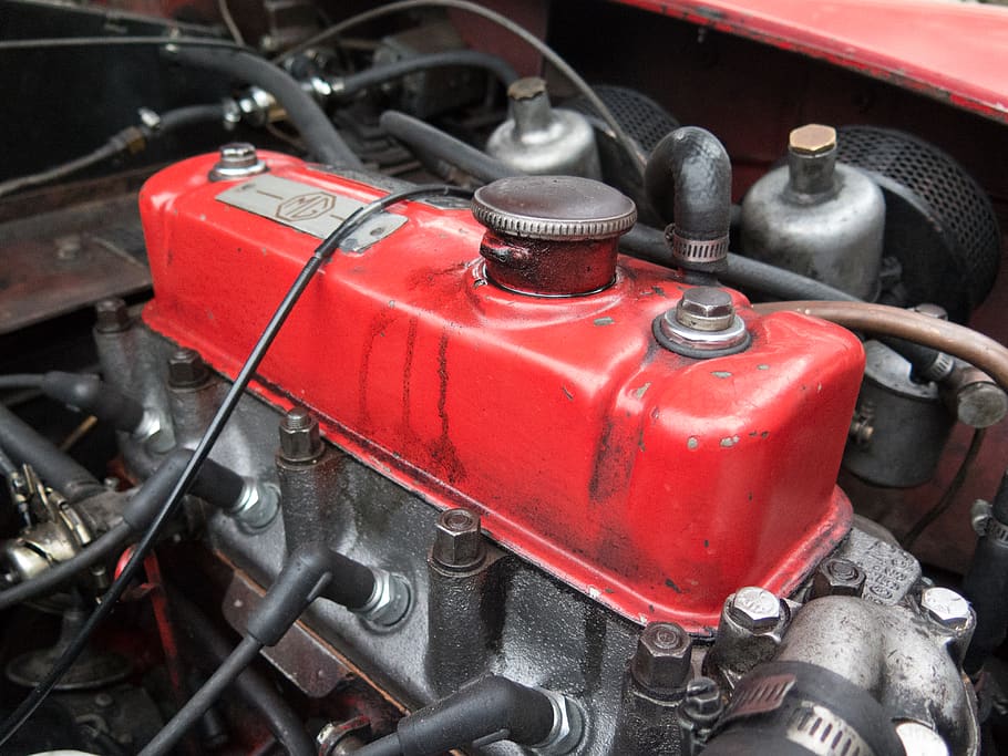 Red and Grey Vehicle Engine, automotive, car, hose, machine, mg engine HD wallpaper