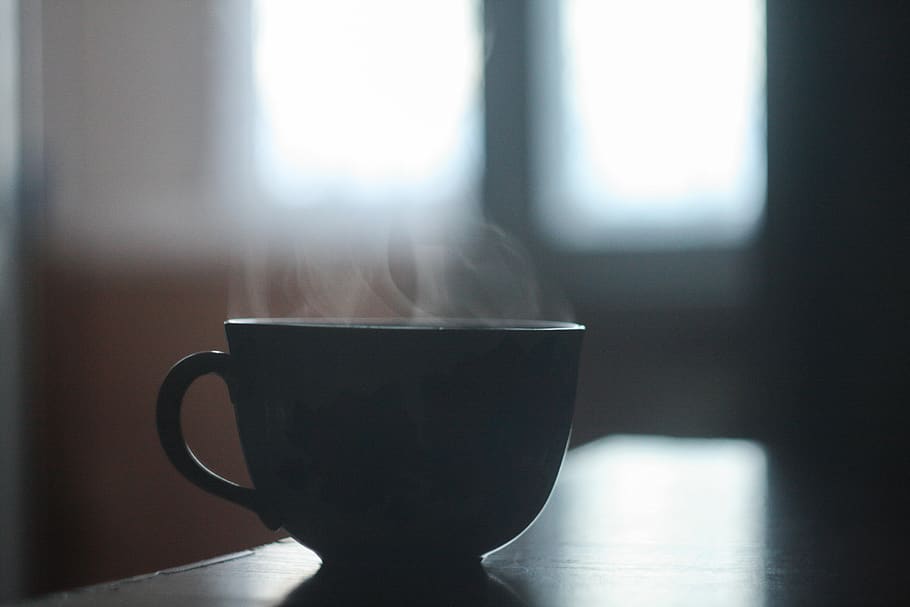 Black Ceramic Cup With Smoke Above, coffee, drink, hot, mug, steam HD wallpaper