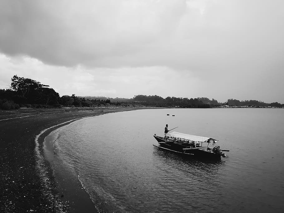 Grayscale Photo of Row Boat, beach, black and white, clouds, daylight HD wallpaper