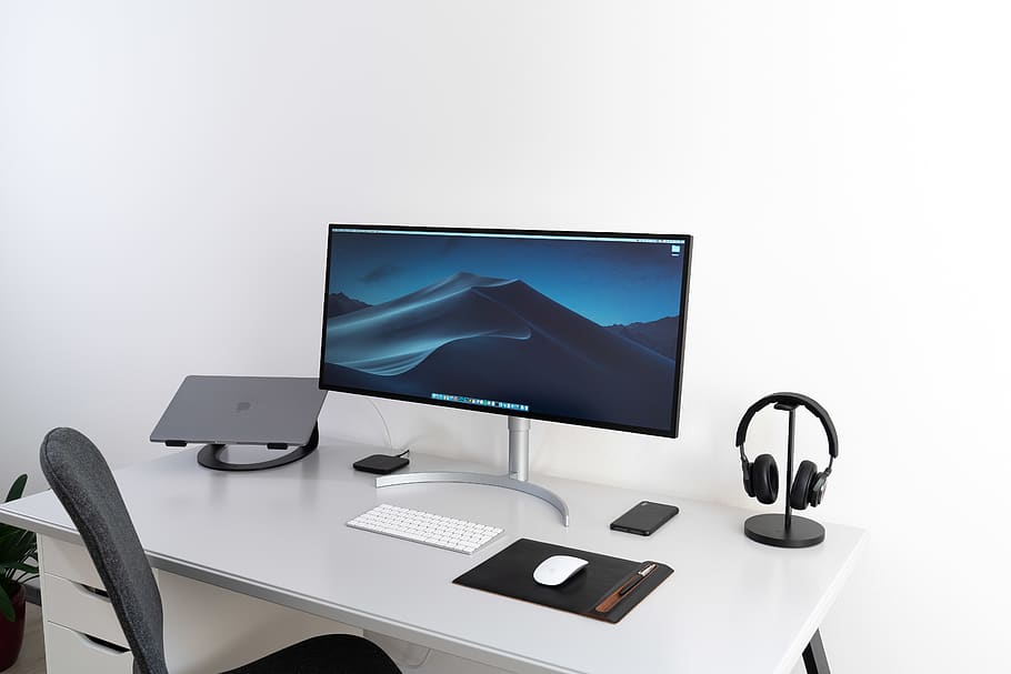 black flat widescreen computer monitor with with Apple Magic Keyboard and mouse on desk, HD wallpaper