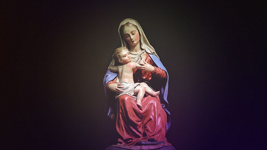 Mother Mary and Christ Figurine on Black Background, christianity, HD wallpaper