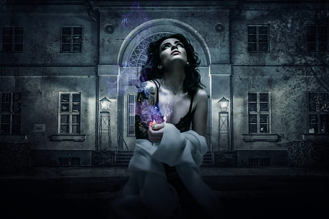 fantasy, gothic, dark, mystery, mysterious, facade, light, smoke HD wallpaper