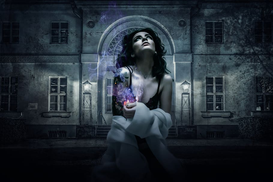 fantasy, gothic, dark, mystery, mysterious, facade, light, smoke HD wallpaper