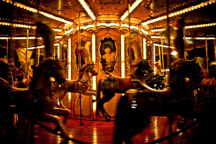 amusement park, theme park, carousel, person, human, lighting, HD wallpaper