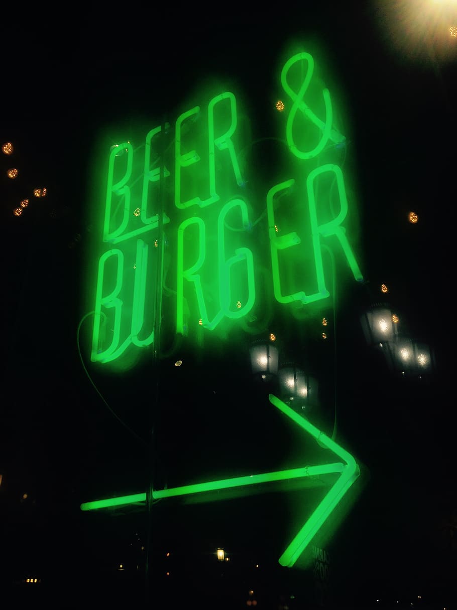 spain, madrid, beer, burger, arrow, green, sign, city, detail HD wallpaper