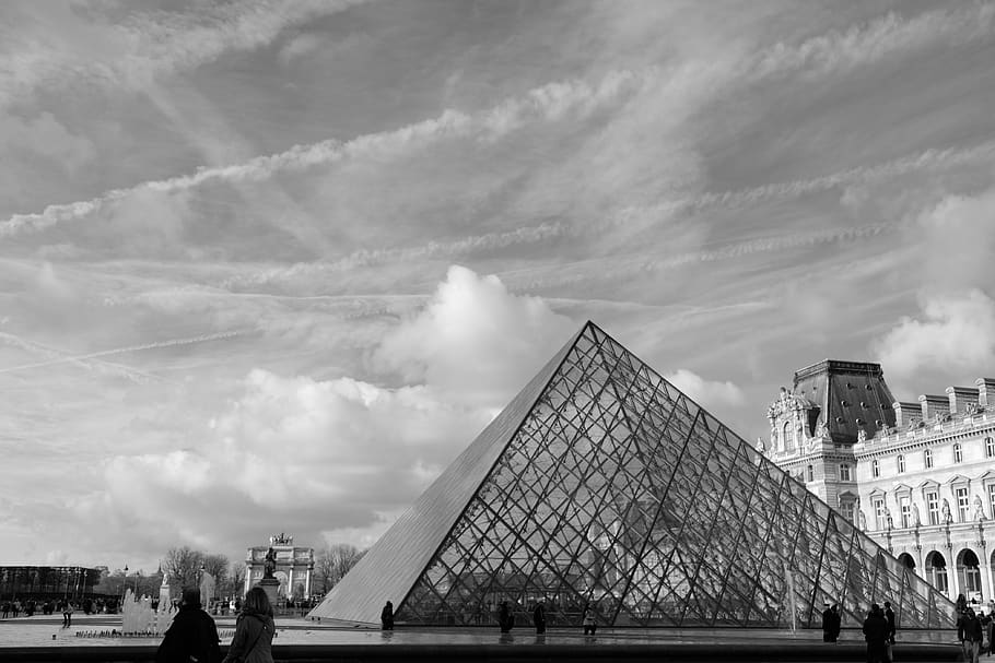 grayscale photography of Louvre Museum, architecture, building