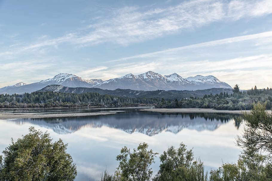 lake in distance of mountain and trees, water, forest, woodland HD wallpaper