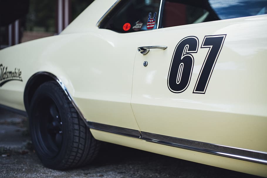 parked white vehicle, car, number, antique, old, sixty seven HD wallpaper