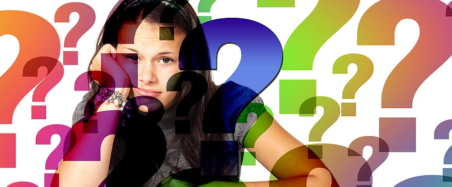 question mark, student, girl, frown, response, search, consider, HD wallpaper