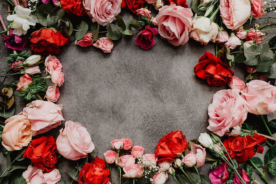 Flowers flat lay, flatlay, roses, valentines, red, pink, lovely, HD wallpaper