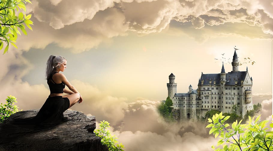 girl, castle, woman, fantasy, tale, fairytale, dream, mystical, HD wallpaper