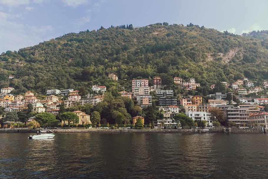 como, italy, building, wealth, lake, lakescape, boat, sky, trees