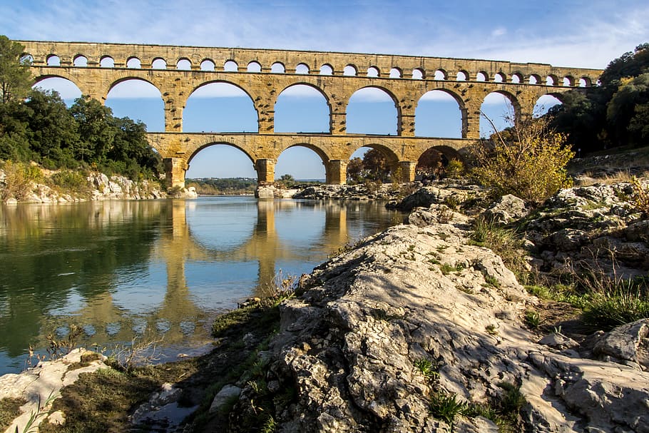 pont du gard, france, aqueduct, bridge, roman, architecture, HD wallpaper