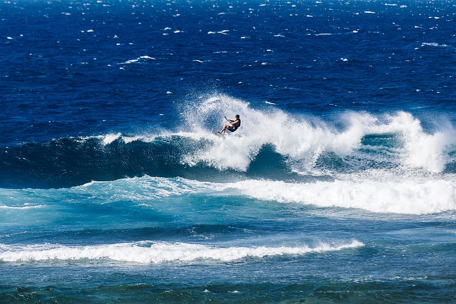 sea, water, wave, surf, blue, kiting, kite surfing, ocean, sport HD wallpaper