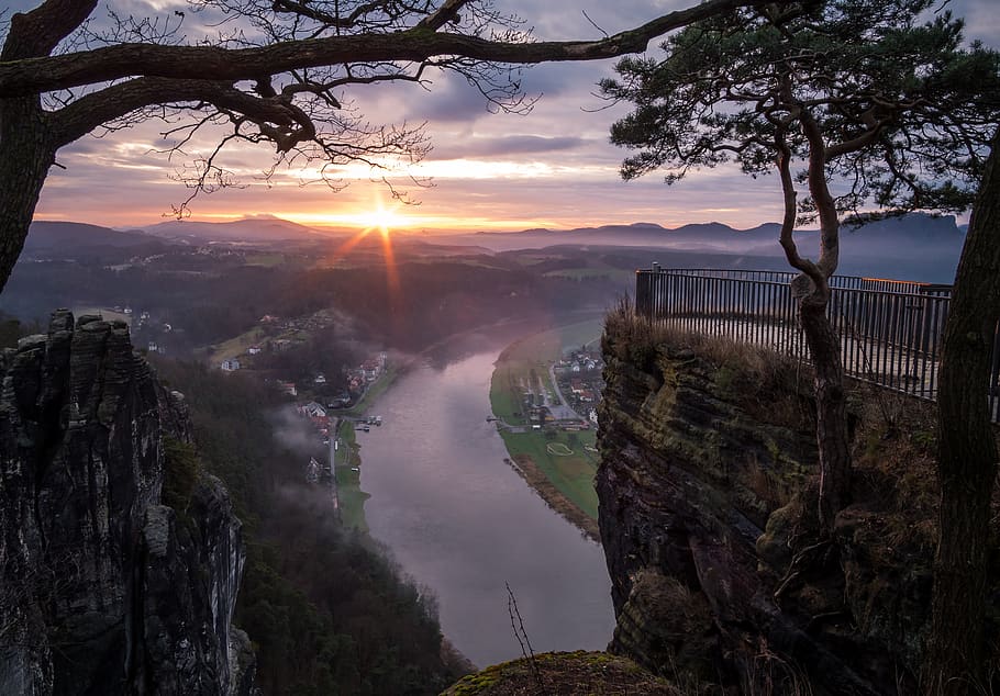 nature, landscape, tree, panorama, dawn, bastei, saxony, sun HD wallpaper