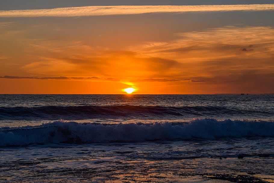 sunset, waves, nature, sea, shore, landscape, afternoon, sky HD wallpaper