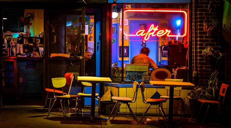 restaurant, furniture, chair, person, human, cafe, food court