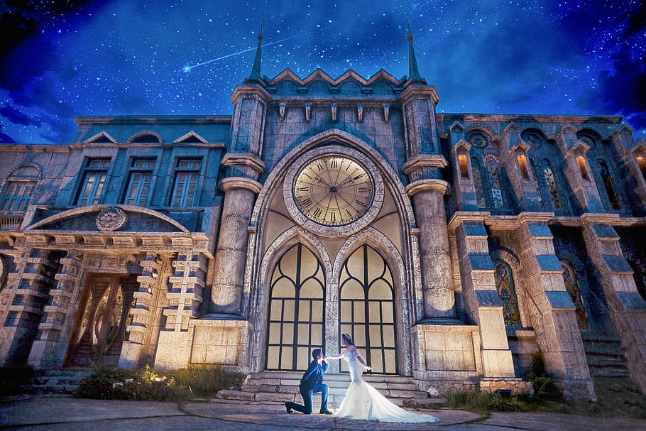 proposal, propose, ring, wedding, white dress, vest blue, castle HD wallpaper