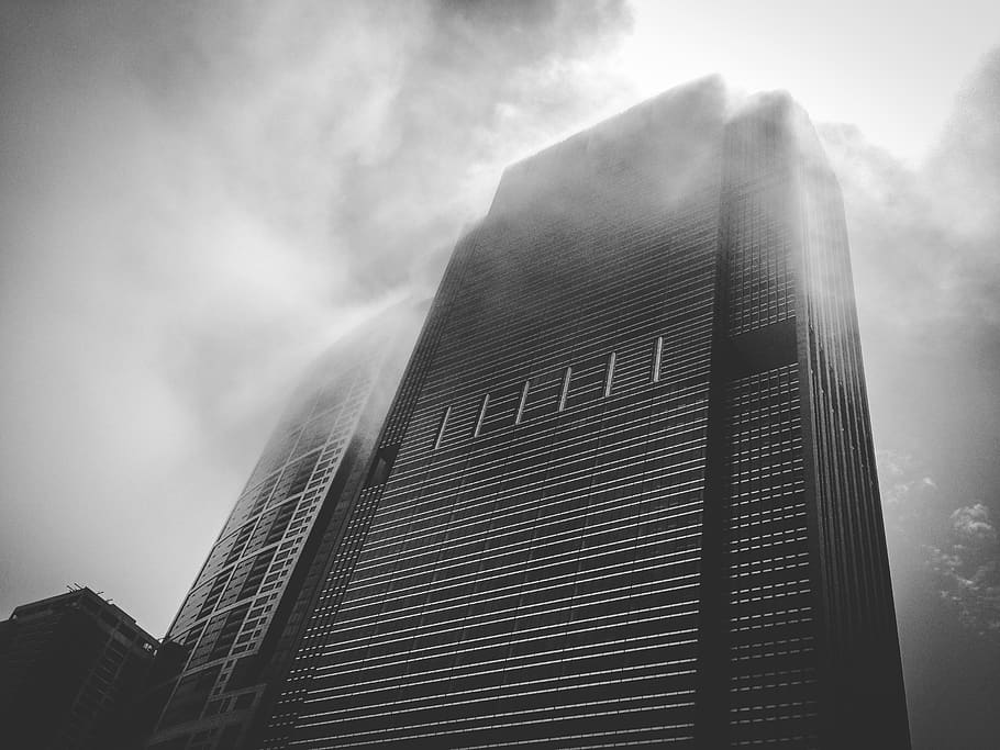 building, high rise, tower, architecture, fog, clouds, black and white HD wallpaper