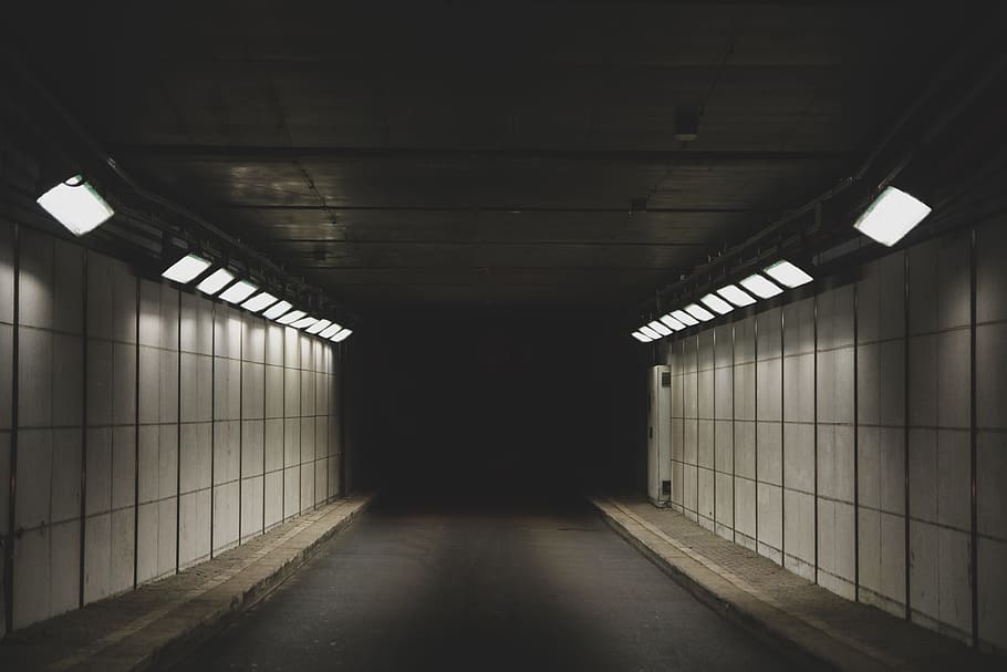photo of gray tunnel, light, road, subway, city, quiet, dark