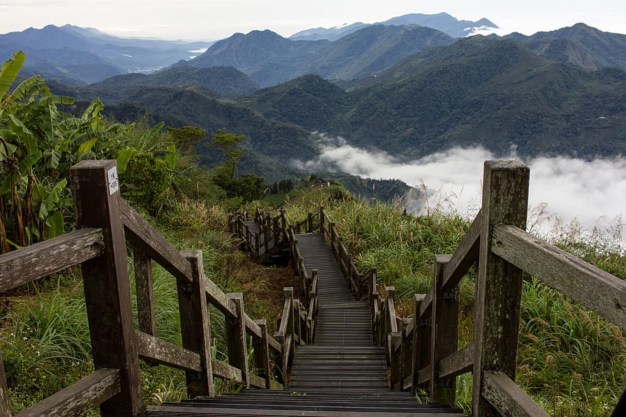 taiwan, eryanping shan, stairs, mountains, clouds, scenics - nature, HD wallpaper