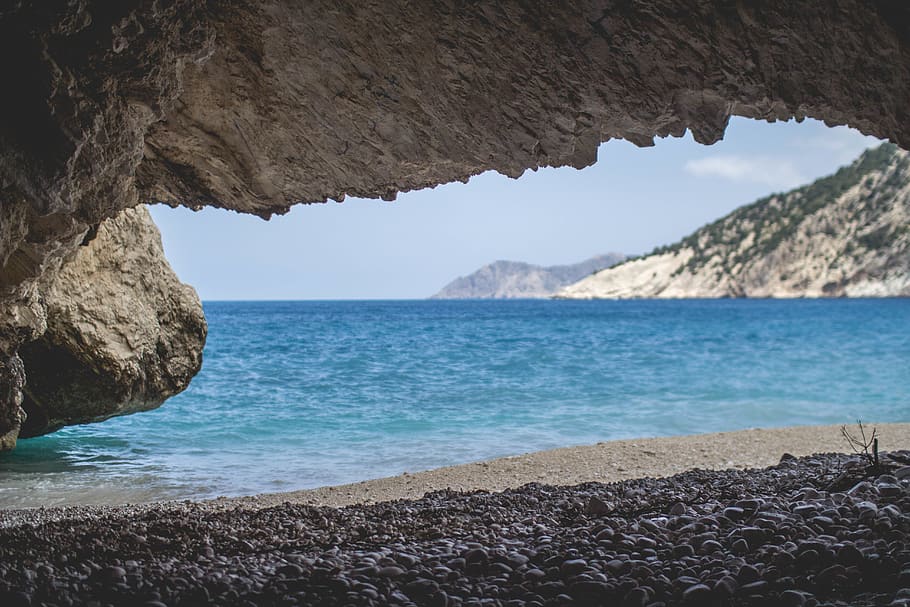 greece, cephalonia, myrtos, cove, beach, waves, coast, cave