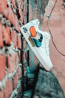 Selective Focus Photography of White Nike Air Force 1 Low, bricks HD wallpaper