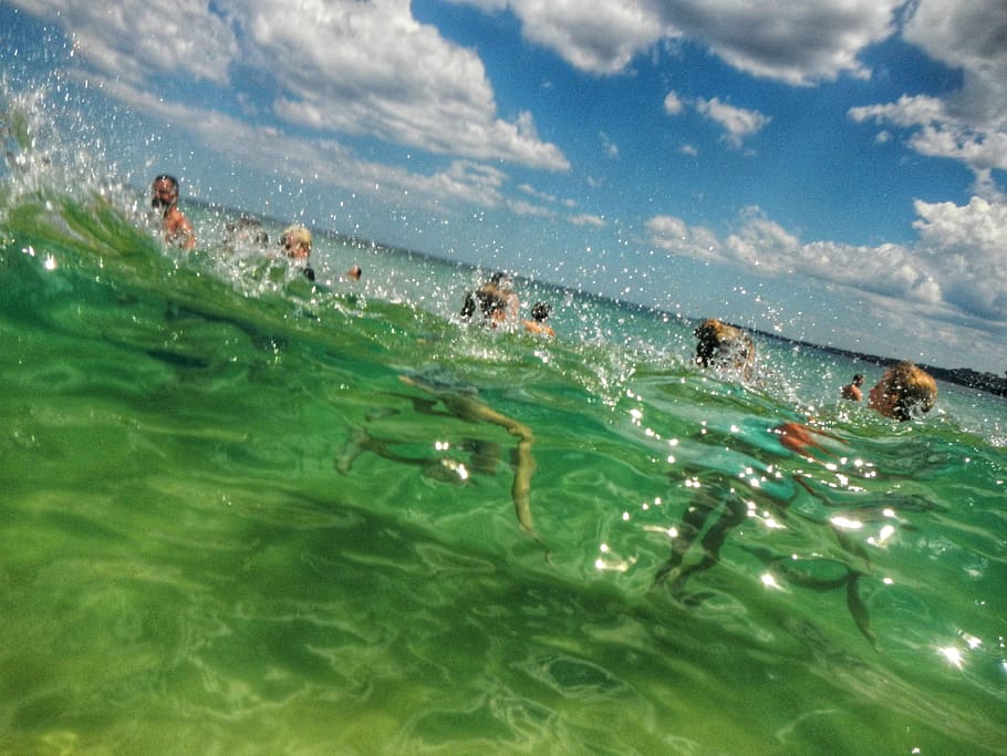 wave, sea, green, beach, swim, splash, water, group of people HD wallpaper