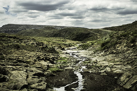 lesotho, valley, stream, river, water, landscape, africa, hills HD wallpaper