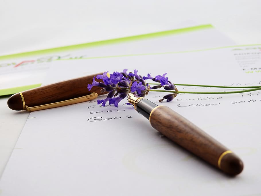 Brown and Black Click Pen, close-up, flora, flowers, mail, notes HD wallpaper