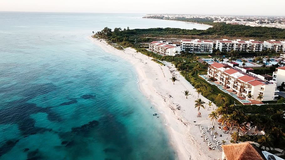 Aerial View of White Sand Beach, bay, blue, daylight, horizon HD wallpaper