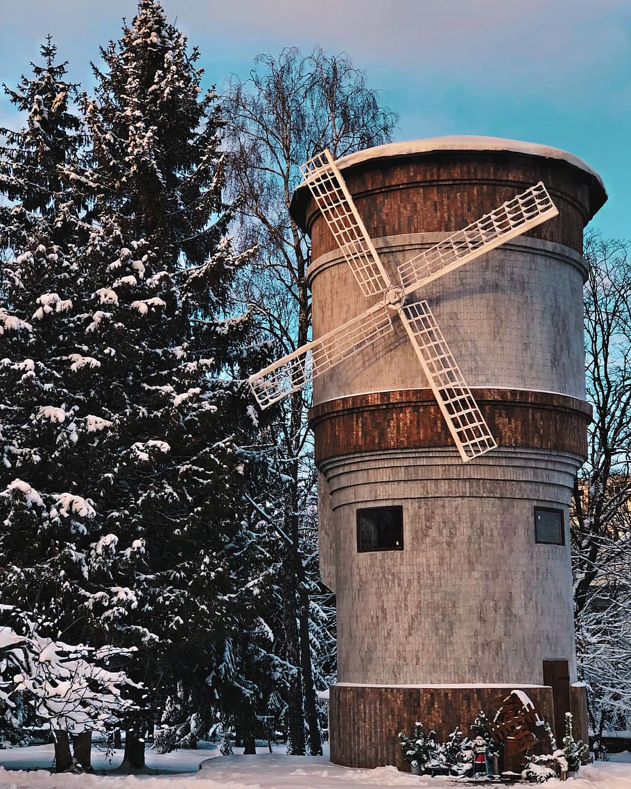 brown windmill, tree, architecture, plant, snow, built structure HD wallpaper