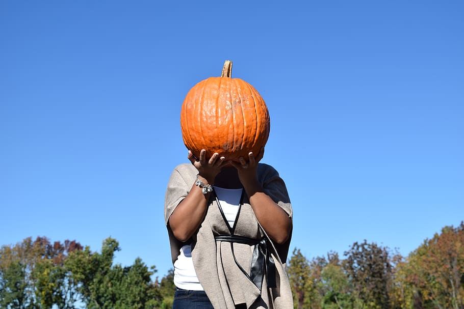 sky, trees, pumpkin, halloween, person, lady, woman, plant HD wallpaper