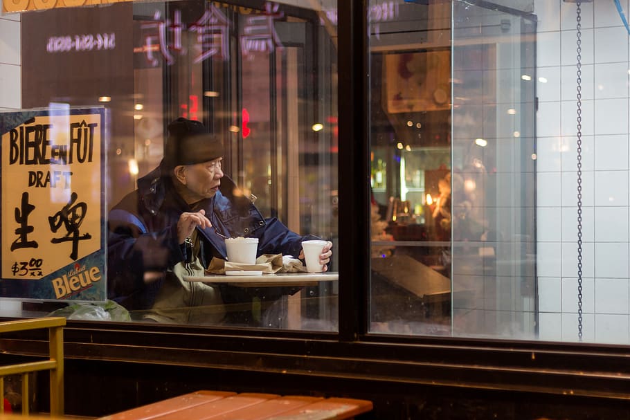 chinatown, canada, montreal, restaurant, old man, asia, window HD wallpaper