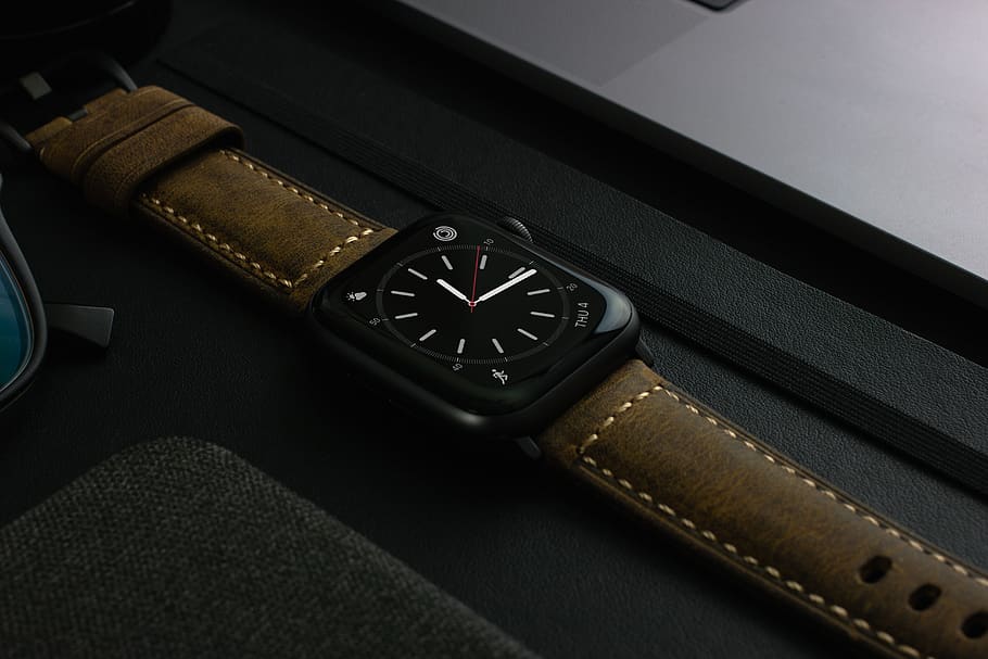 aluminum case apple watch with brown leather band, indoors, close-up, HD wallpaper