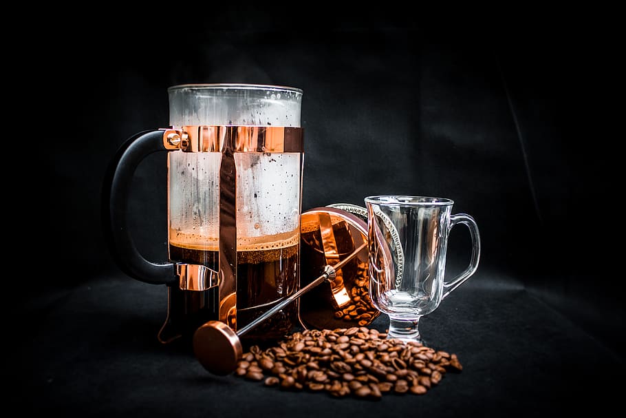 Coffee Beans Beside Coffee Press and Glass Cup, aromatic, brewed coffee HD wallpaper
