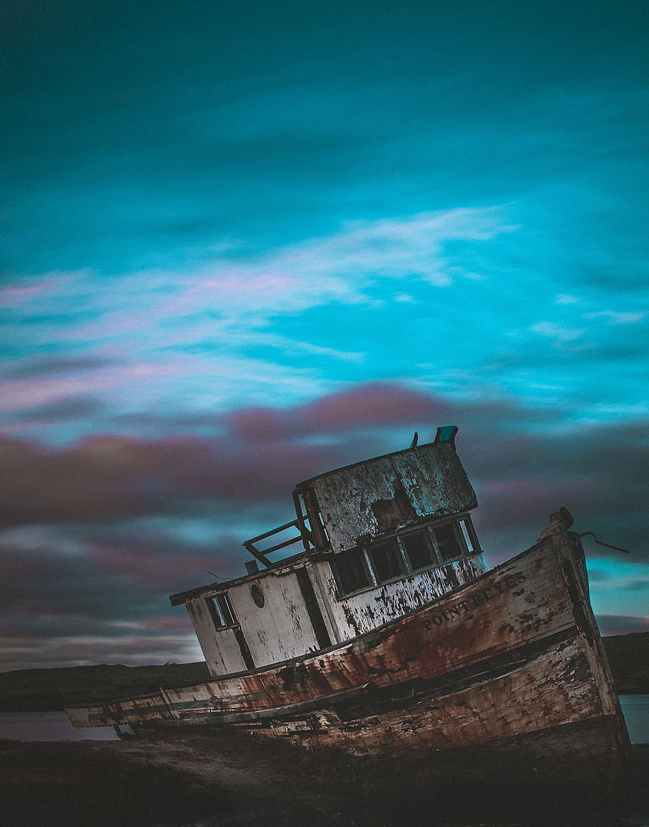 photo of wreck ship in shore, boat, old, cloudy, blue, rust, paint HD wallpaper