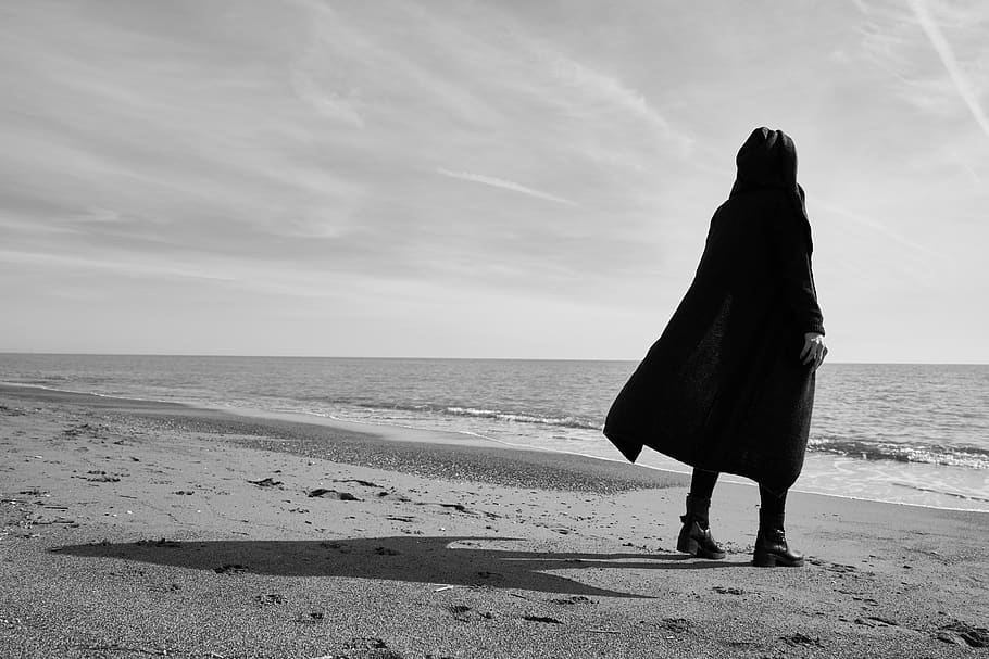 Grayscale Photo of Person Standing on Seashore, art, beach, black and white