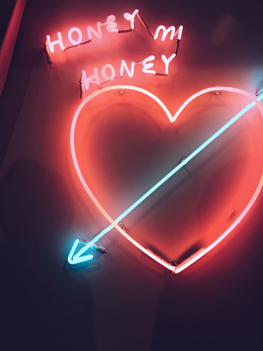 heart LED signage, illuminated, glowing, no people, red, connection HD wallpaper